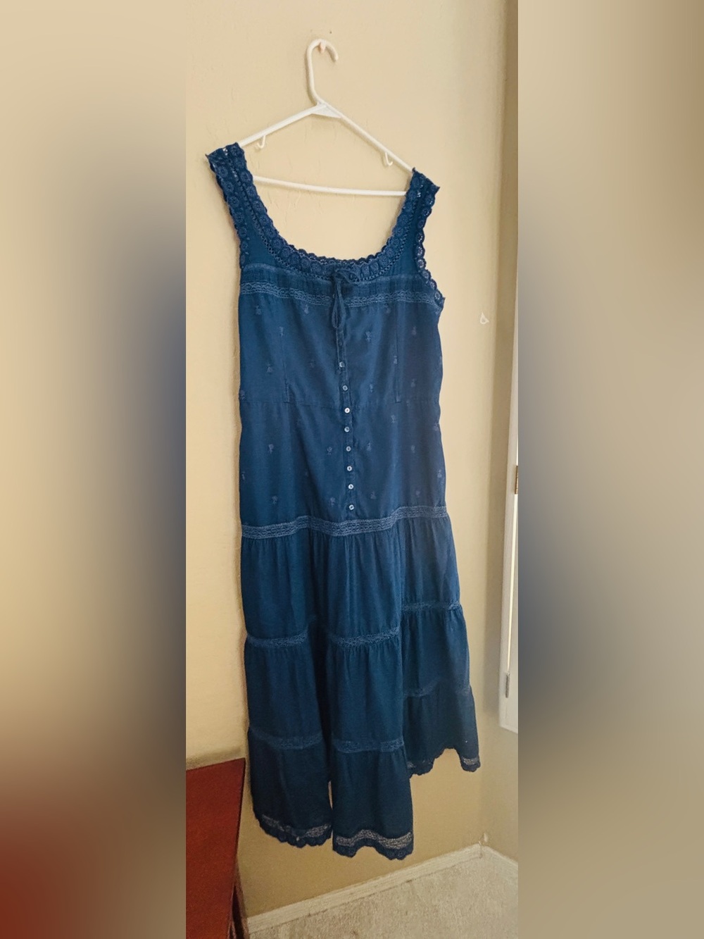 GAP Navy Blue Midi Dress Women’s XL Tall Long 100% Cotton Ruffled & Lace Trim